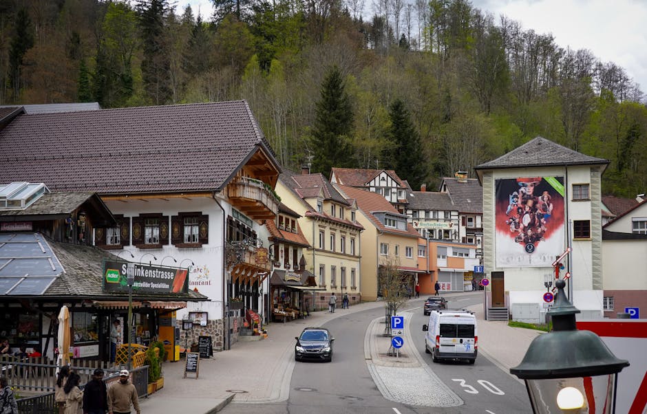 Backpacker walking through a picturesque German village