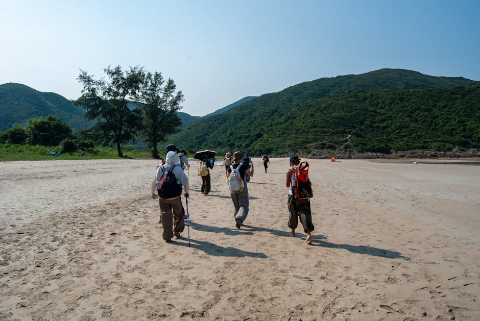 backpackers walking on a beach with lush mountains