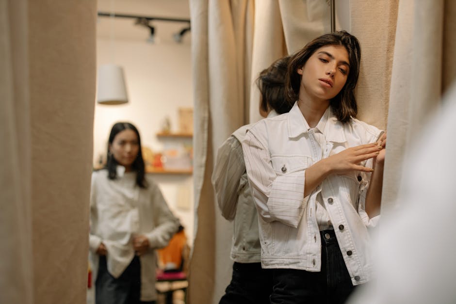 brazilian woman trying clothes thrift store