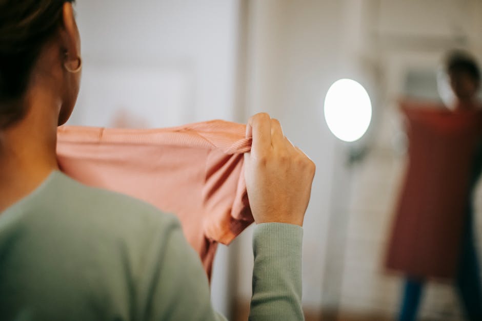 brazilian woman trying on elegant linen dress