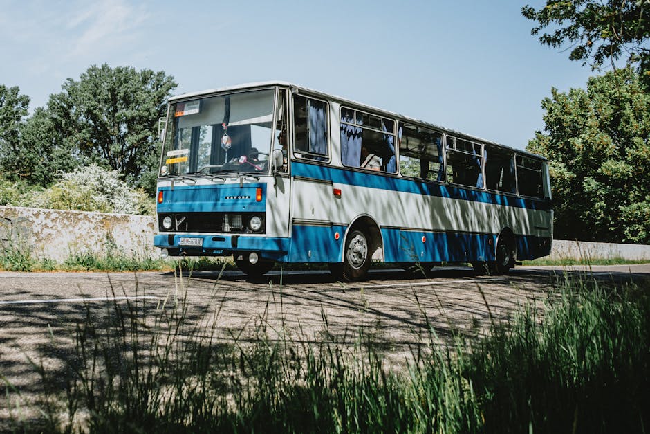 bus traveling through French countryside