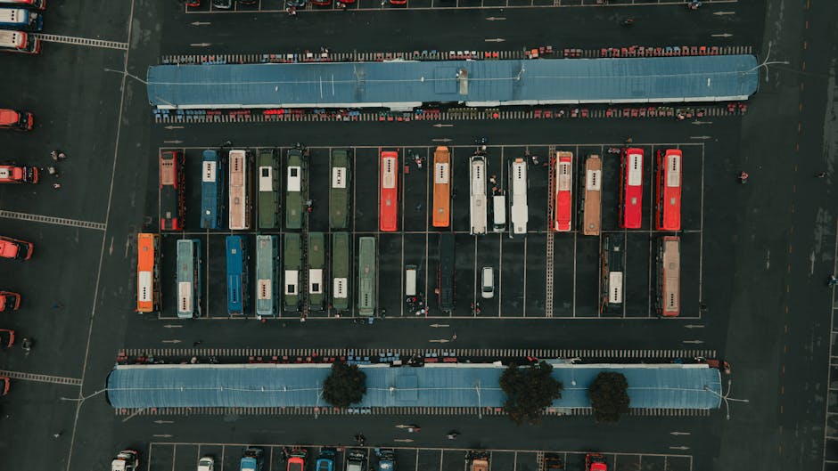 colorful bus terminal with multiple buses