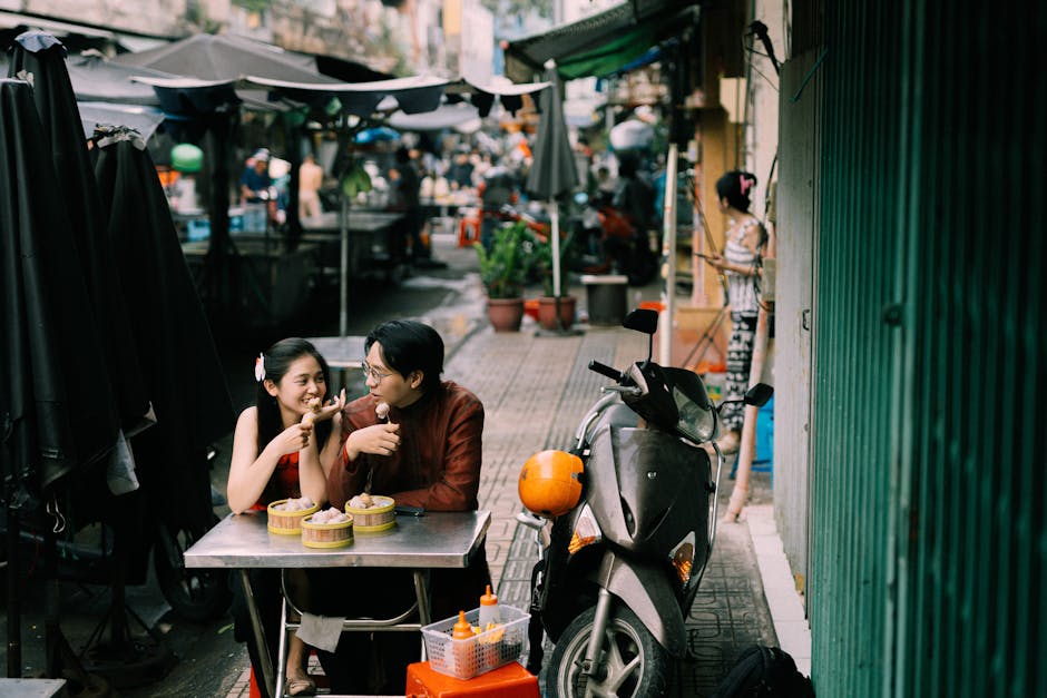couple enjoying street food market
