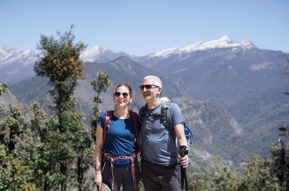 couple hiking in scenic mountains