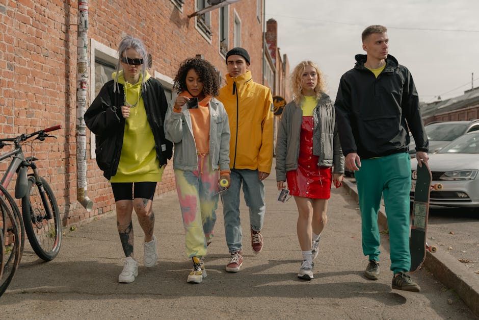diverse group people walking urban street