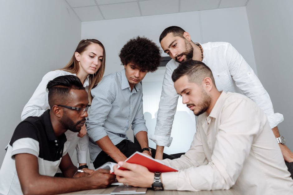 diverse team collaborating with AI dashboard