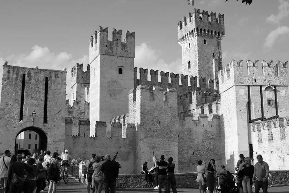 Family exploring a historic castle or city