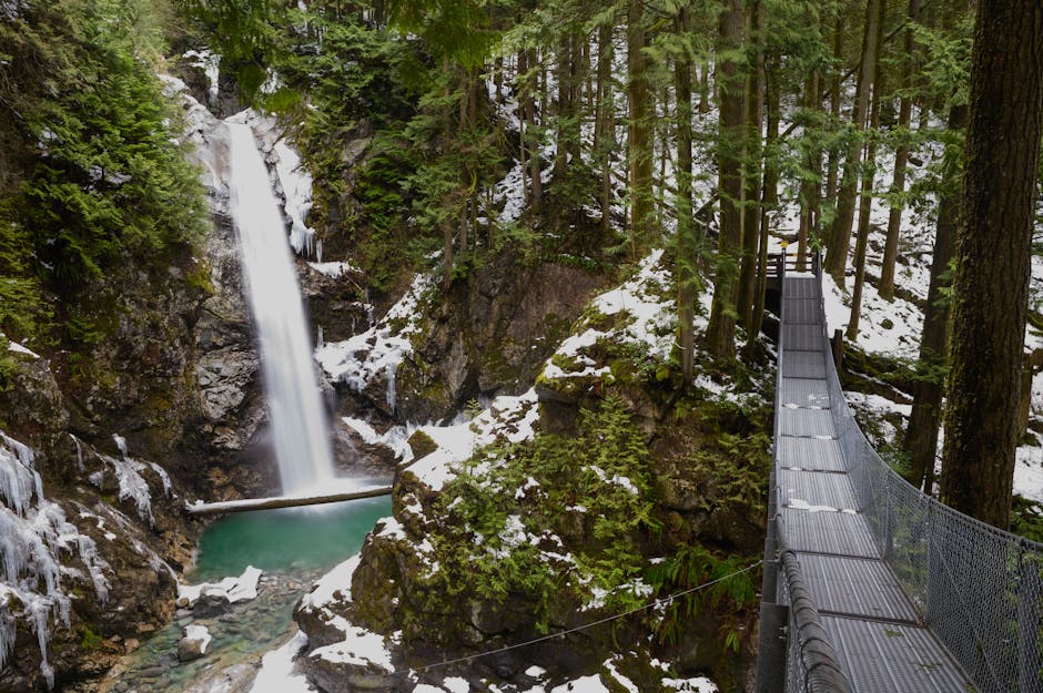 family hiking on scenic trail with waterfall