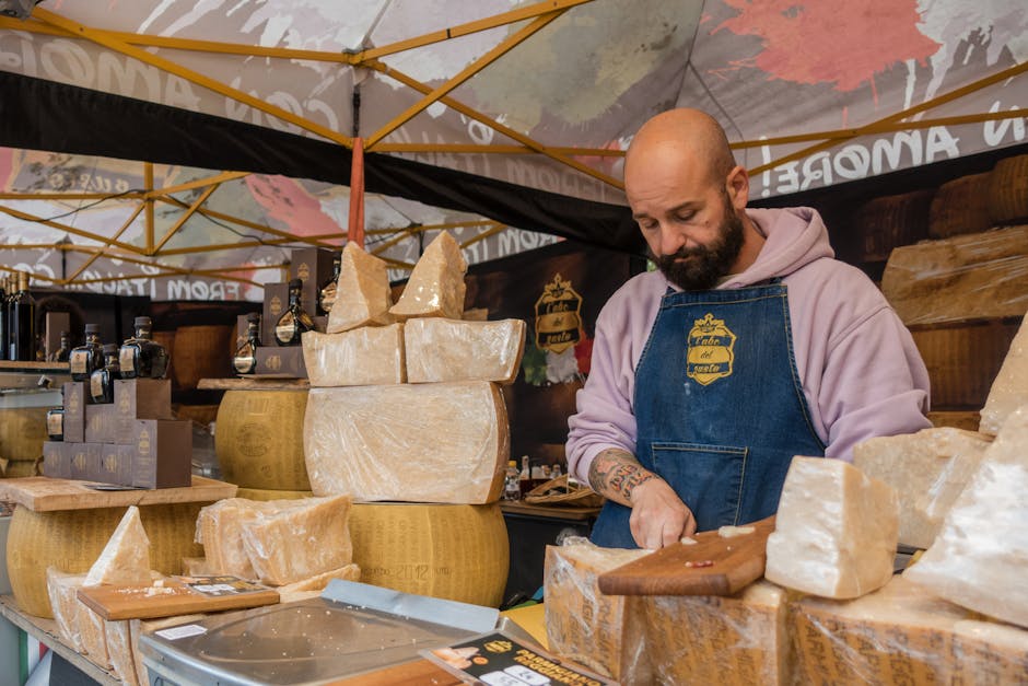 market stall with fresh produce and cheese