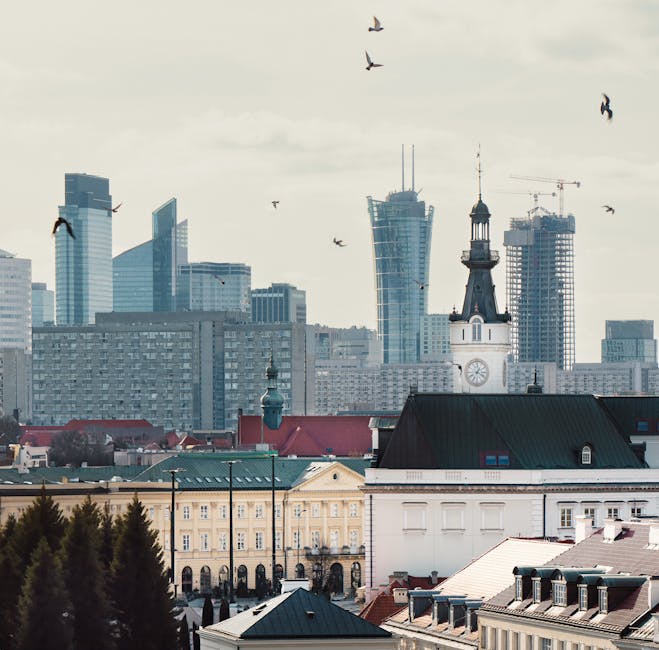 polish city skyline with technology overlay