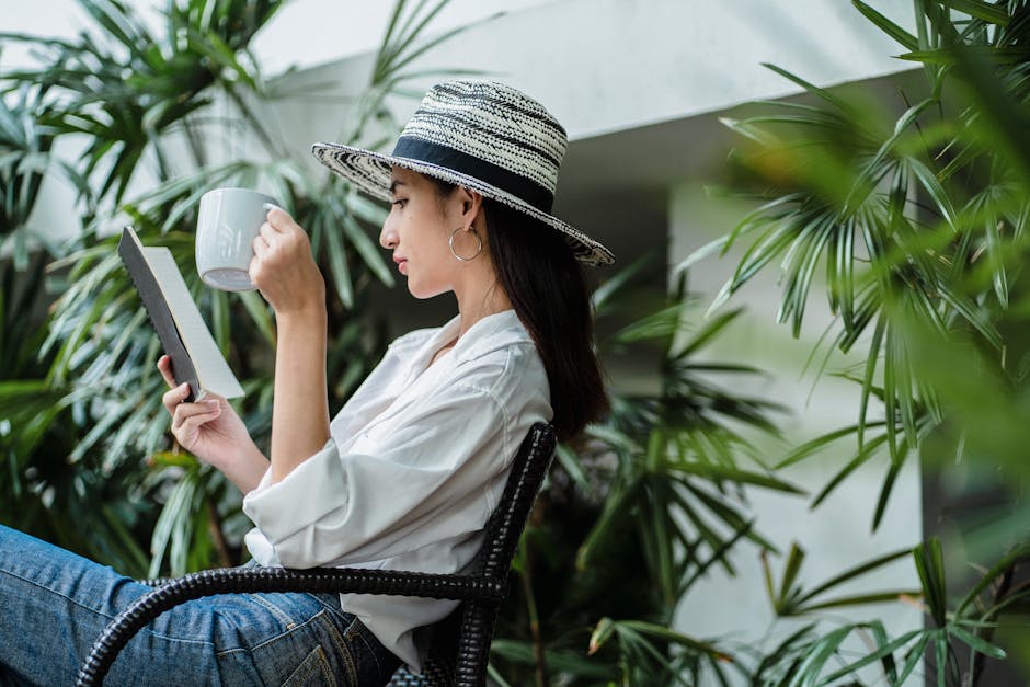 stylish woman drinking coffee terrace