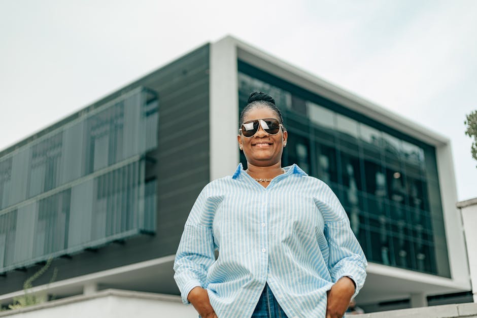 stylish woman posing modern Brazilian architecture
