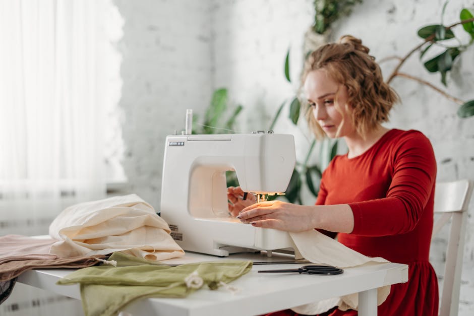 woman sewing fabric at home