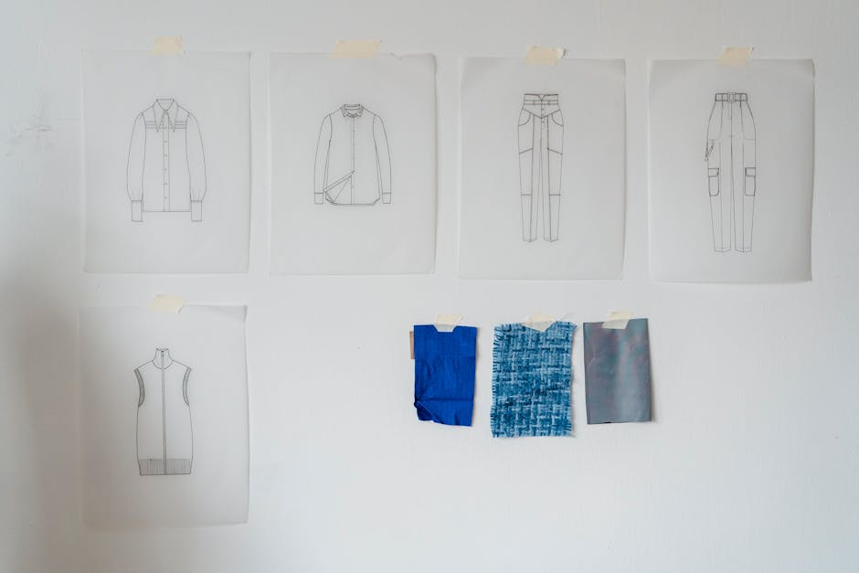 Designer atelier with textile samples and sketches