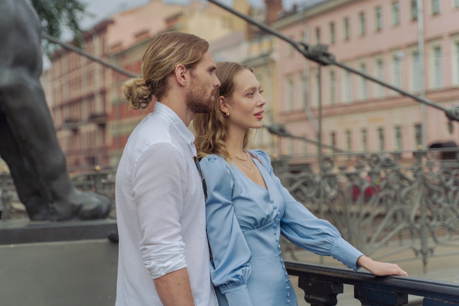 elegant fashion couple historic european city