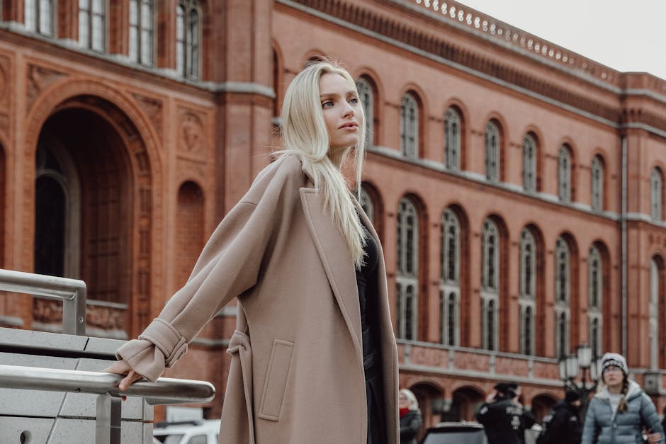 Elegant long wool coat city street