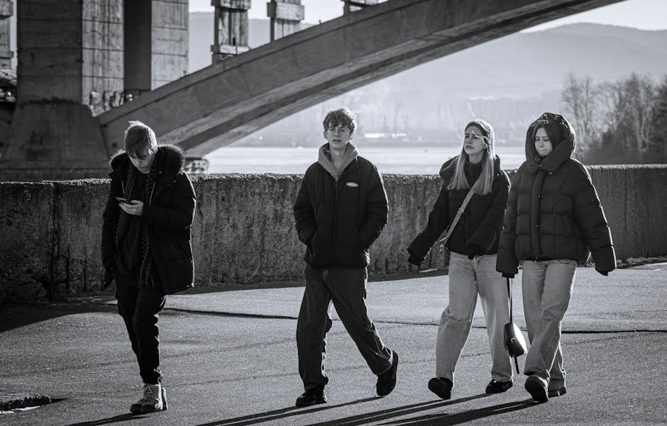 Group of Ukrainian teenagers fashionably dressed winter jackets