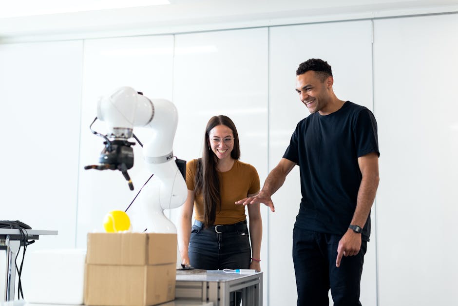 students collaborating with AI robot