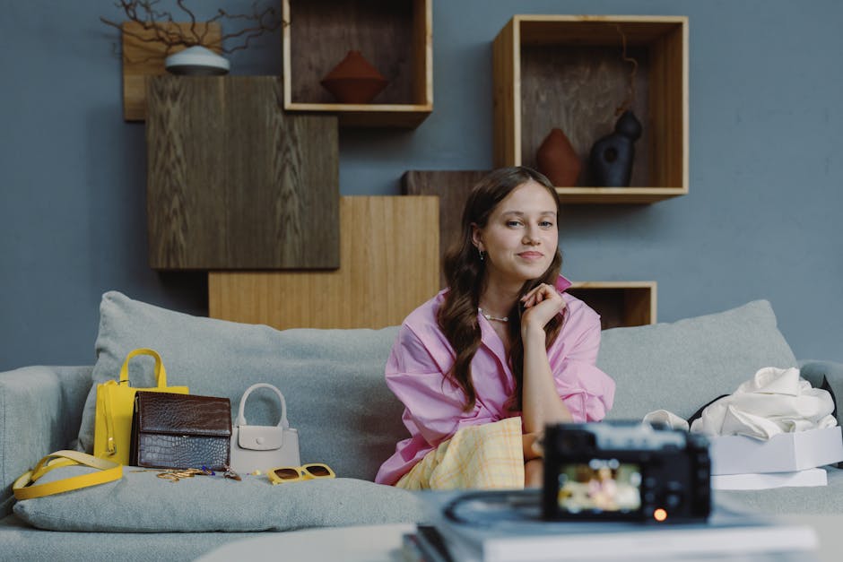 Stylish woman creating fashion content home