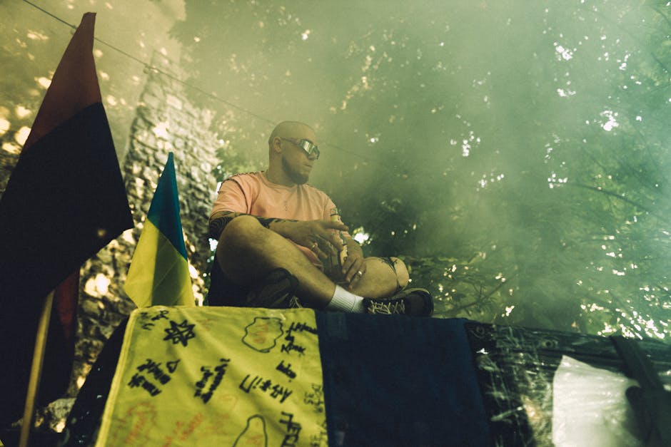 Ukrainian man meditating nature urban