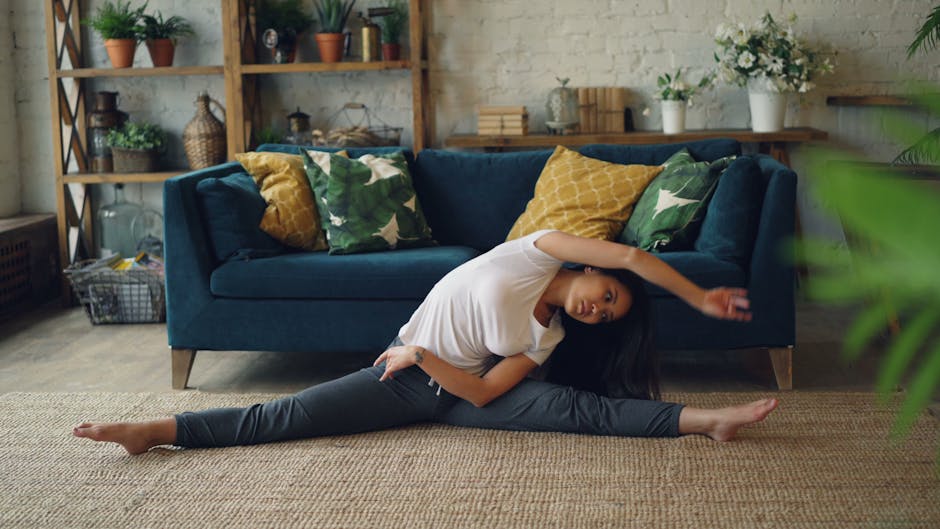 woman stretching at home