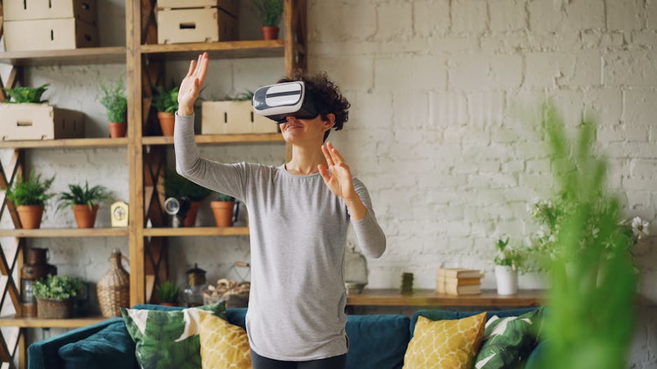 woman using VR headset in modern living room