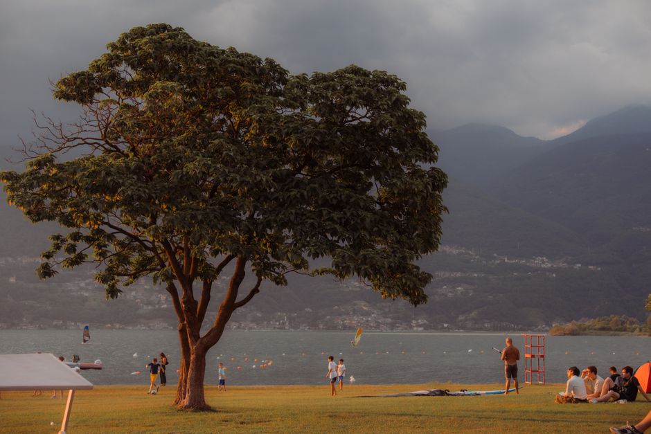 Famiglia felice che fa un picnic nel verde di un parco italiano, con cestino e coperta a quadri.