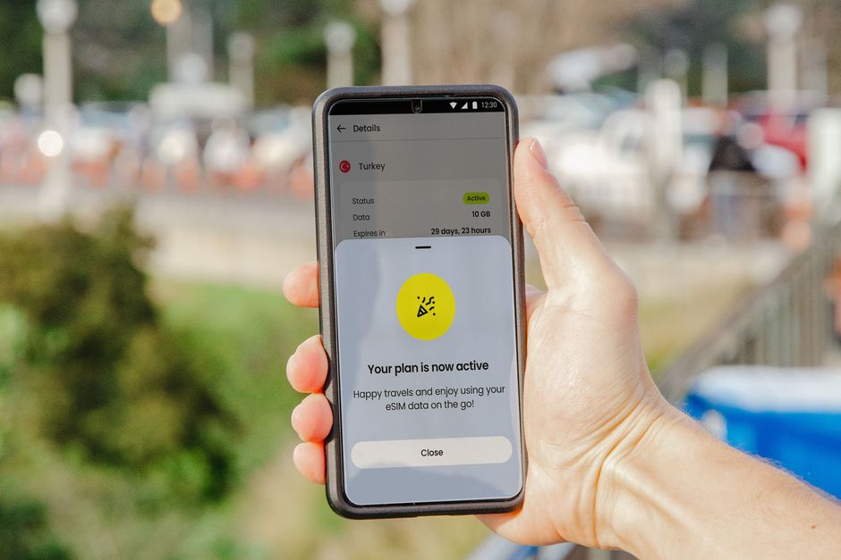 Schermo di uno smartphone che mostra un avviso di costi di roaming dati elevati mentre si viaggia.