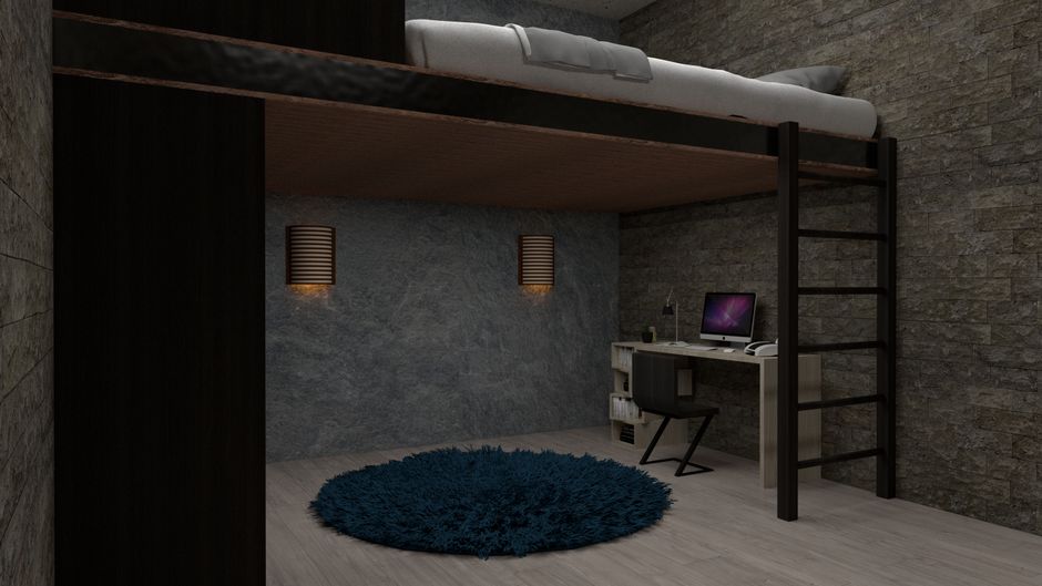Un letto a castello per adolescente con una scrivania integrata sotto, creando uno spazio privato per studio e riposo in una camera condivisa.