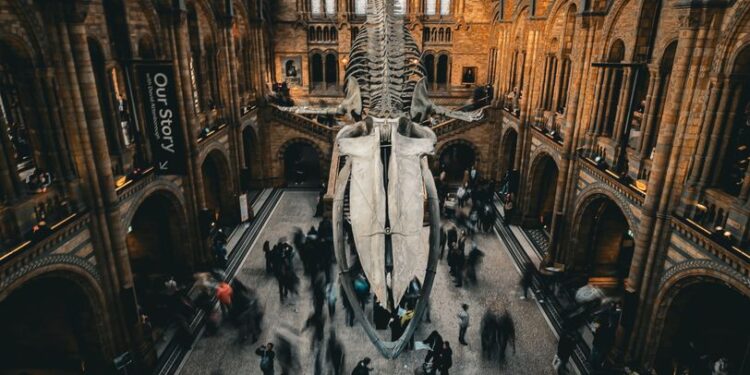 Rodina s dětmi v galerii moderního umění, děti se dívají na obrazy.